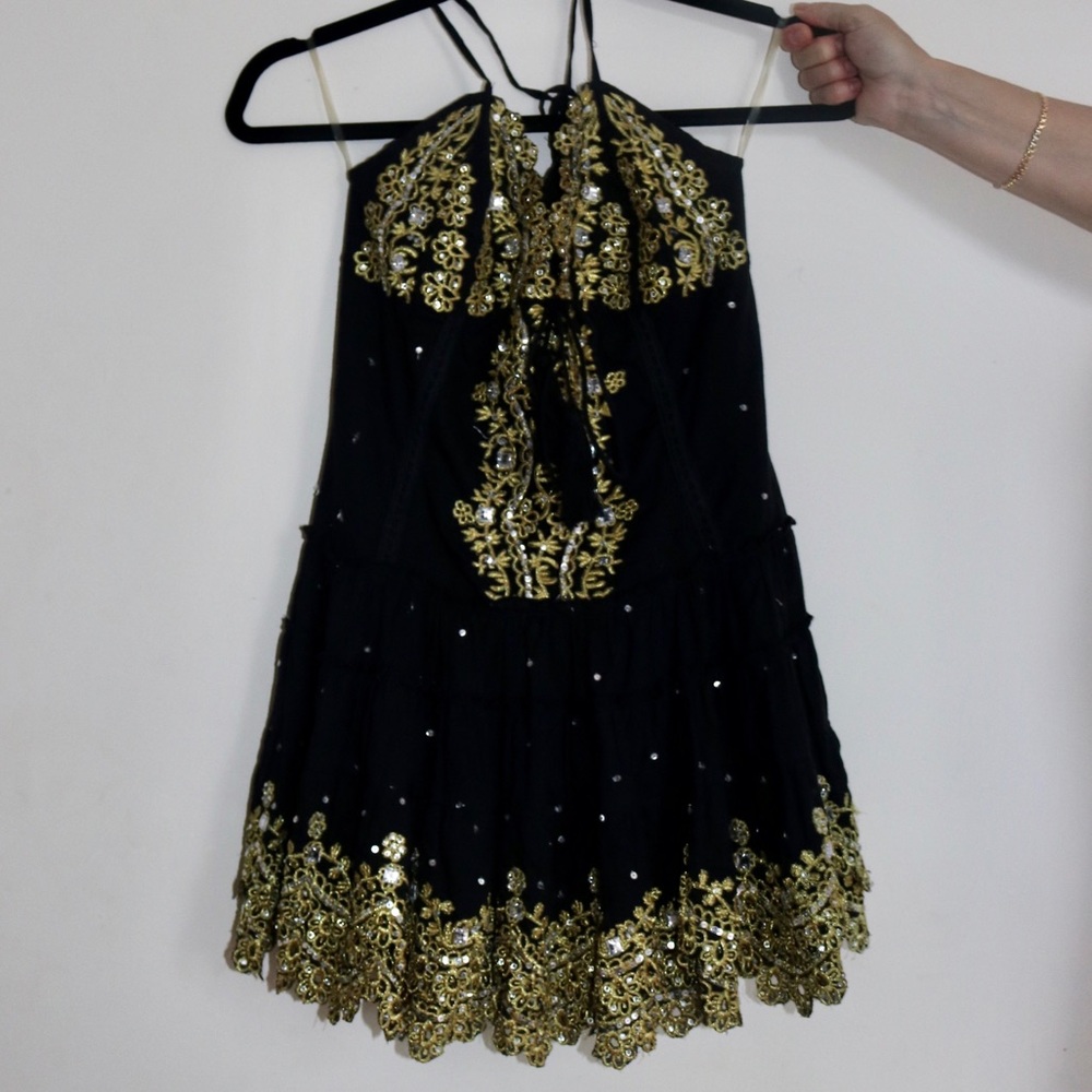 Las Noches Ibiza handmade Black Gold mini dress xs